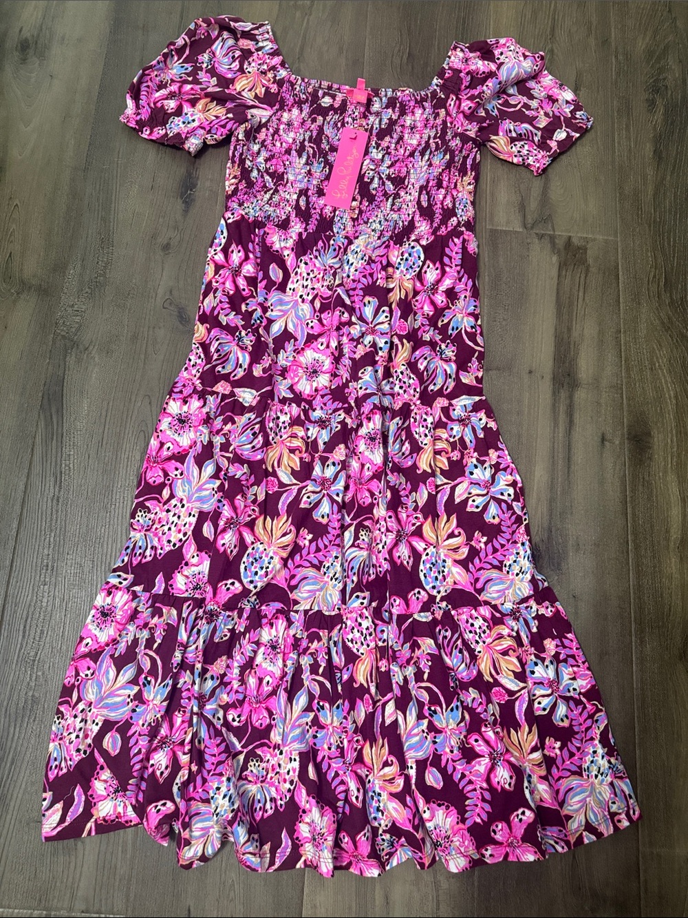 Lilly Pulitzer Girls Magenta Floral Off-Shoulder Maxi Dress